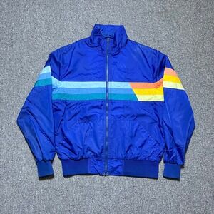 Vintage Herman's Windbreaker Jacket Blue Stripe Full Zip 90s Retro Colorblock